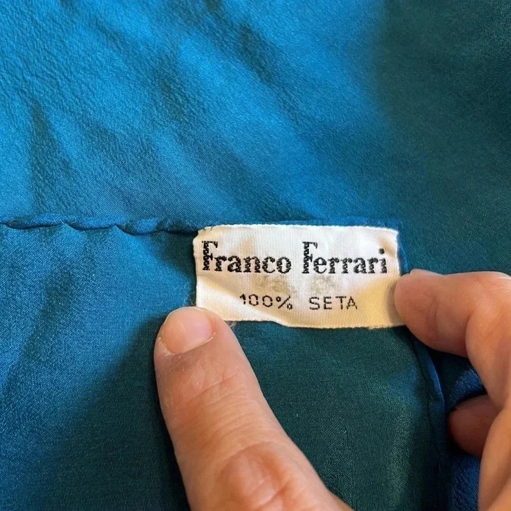 Franco Ferrari Grid Plaid Window Pane Scarf Silk Vintage Turquoise Blue Square